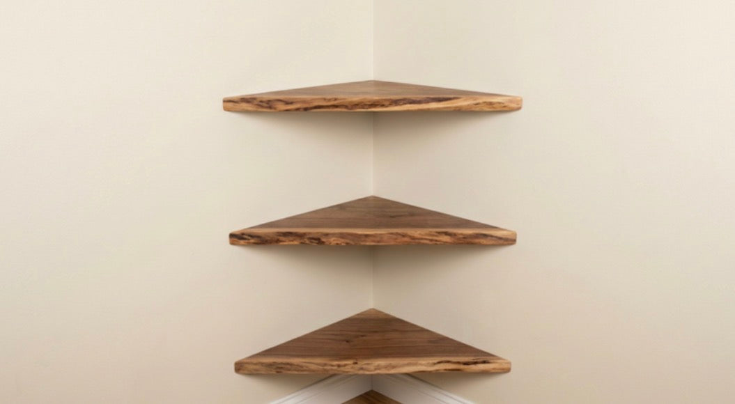 Floating Corner Shelf, Handmade Live Edge Solid Walnut, Rustic, Wall mounted