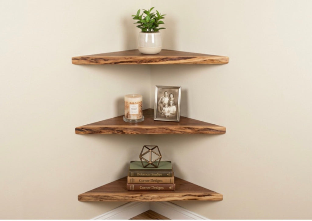 Floating Corner Shelf, Handmade Live Edge Solid Walnut, Rustic, Wall mounted