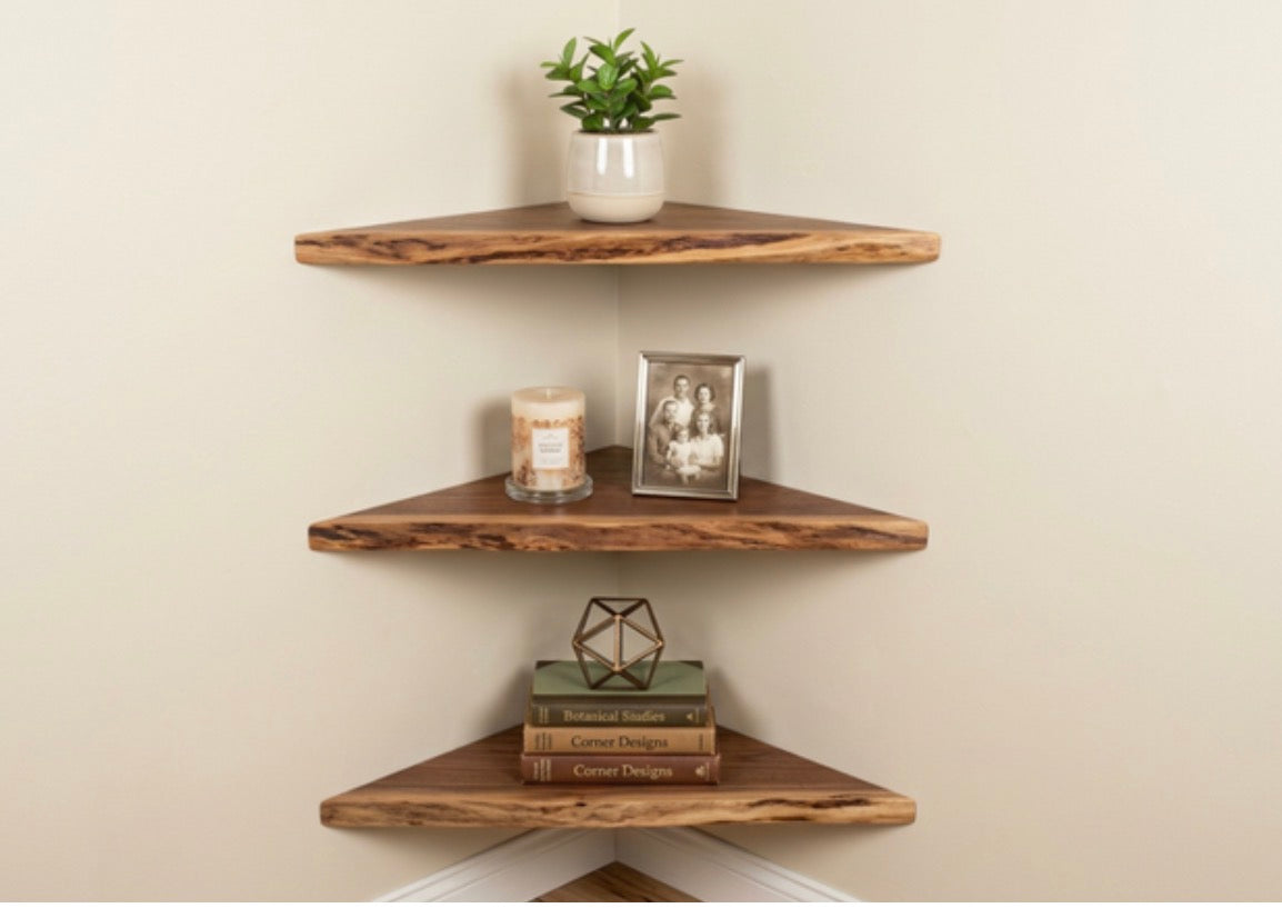 Floating Corner Shelf, Handmade Live Edge Solid Walnut, Rustic, Wall mounted