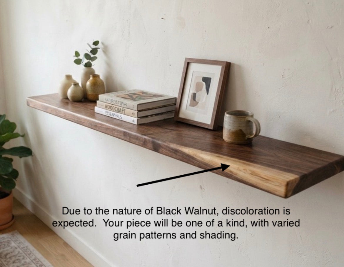 Solid Wood Shelf, Flat Edge Walnut, handcrafted, rustic, wall mounted