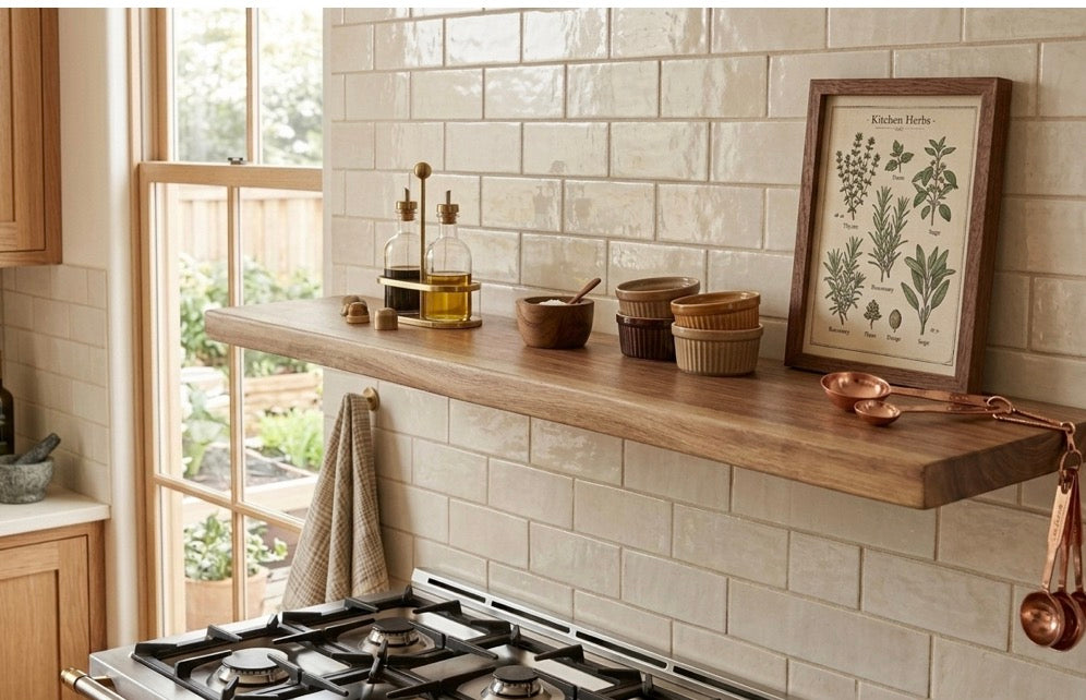 Floating Shelf, Handmade Live Edge Solid Walnut, Rustic, Wall mounted